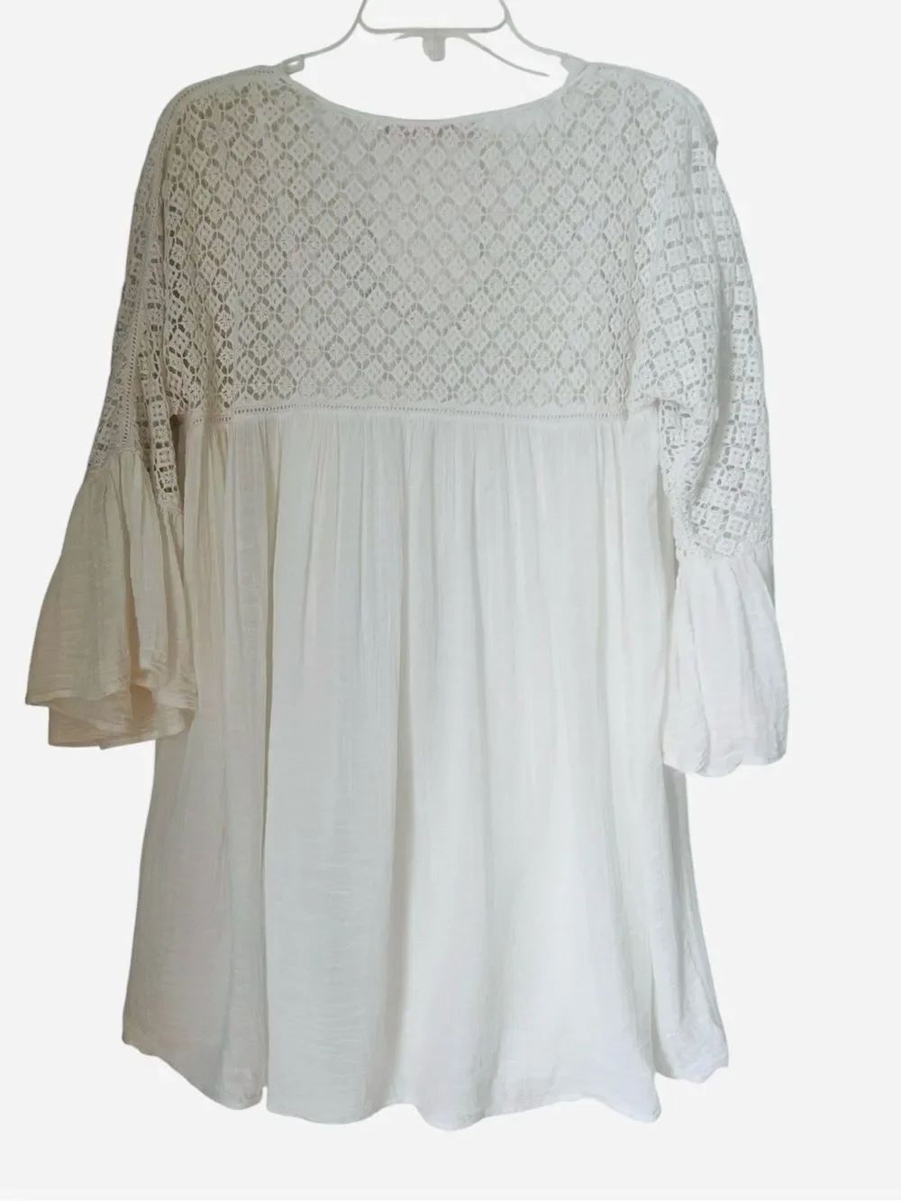 Zara 100% Cotton Cream Crochet BohoTunic Flowy Bell Sleeve Cottagecore Blouse XS - Picture 2 of 13
